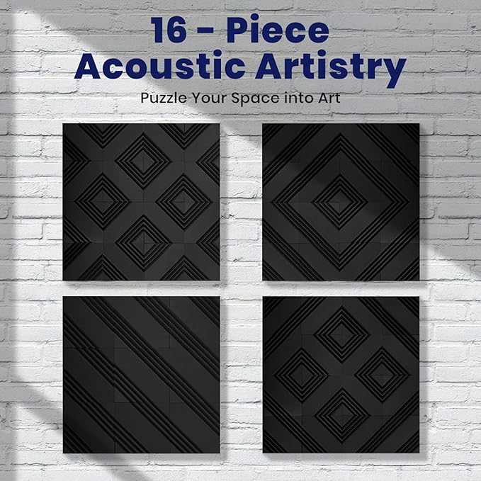 Focusound 16 Pack DIY Creative Art Decor Acoustic Foam Panels 2" x 12" x 12" Sound Proof Foam Panels Soundproofing Noise Cancelling Wedge Panels with 90PCS Reusable Double-Side Adhesive Dots