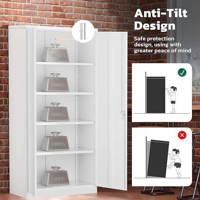 Greenvelly Metal Storage Cabinet with 2 Doors and 4 Adjustable Shelves, 72”H Metal Cabinet Lockable Storage Cabinet,Tall Locking File Cabinet for Office,Home, Garage, Gym, School