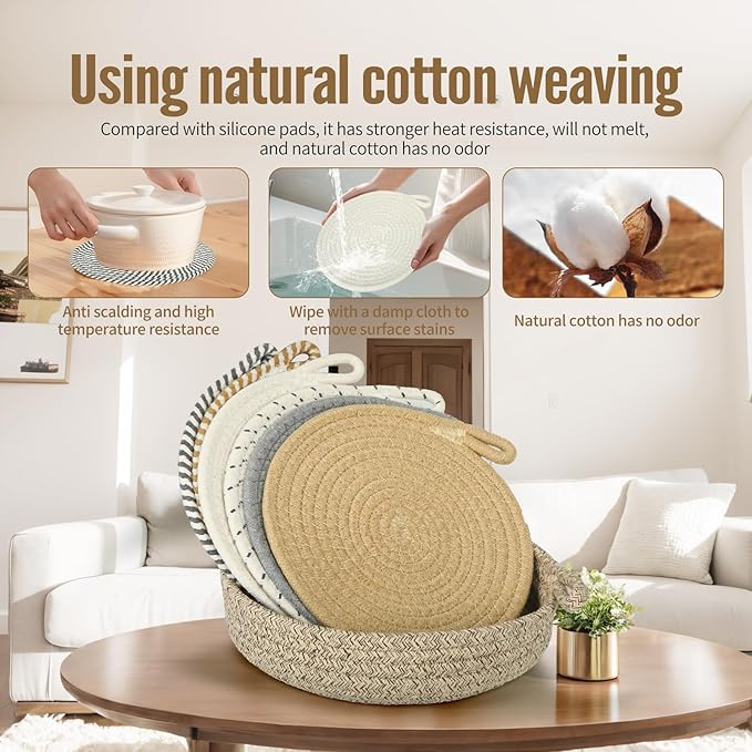 Hot Pads for Quartz Countertops with Storage Basket | 6-Pack 8-Inch Cotton Trivets for Hot Dishes & Pots | Machine Washable Farmhouse Kitchen Decor