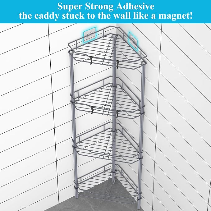 HuggieGems Metal Floor Standing Corner Shower Caddy, Dark Gray, 4 Tier - Image 2