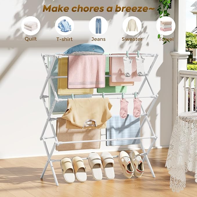 KINGBOARD 3-Tier Extendable Clothes Drying Rack, Small & Foldable, Space-Saving - Image 8
