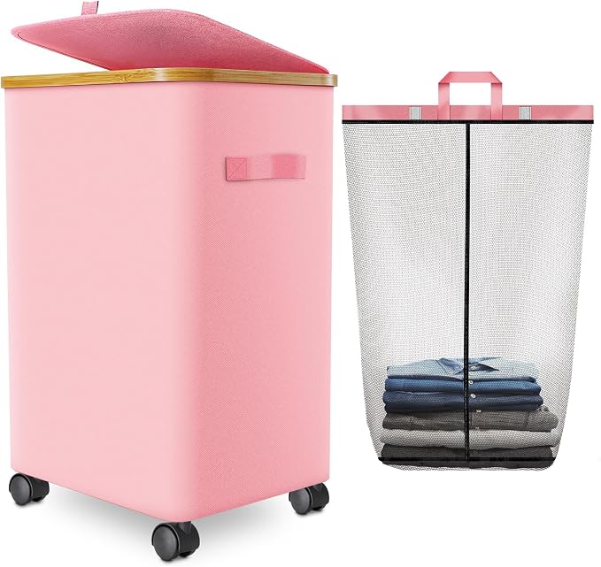 Laundry Hamper with Wheels, 75L Rolling Laundry Basket with Lid by Wuevu