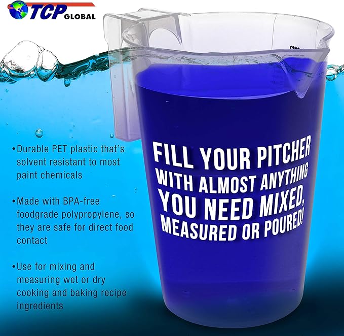 TCP Global 5 Piece Set of Plastic Graduated Measuring and Mixing Pitchers - 500, 1000 Quart, 2000, 3000, 5000 ml Gallon Sizes - Pouring Cups, Measure & Mix Paint, Resin, Epoxy, Kitchen Cooking Baking