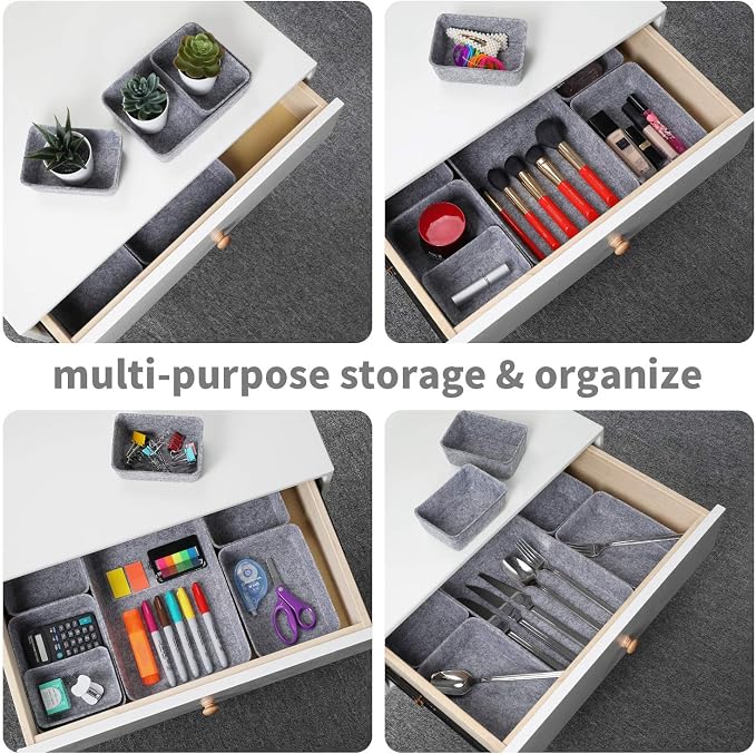 7pc Felt Desk Drawer Organizers Trays Gray Office Home Storage Bins - Image 5