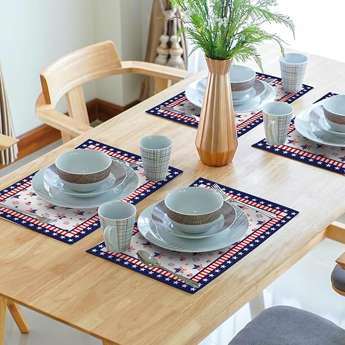 Giwawa 4th of July Placemats for Kitchen Dining, 12x18Inch Patriotic American Flag USA Stars Linen Table Place Mats Non-Slip Heat Resistance Set of 4 for Independence Day Holiday Party Decor