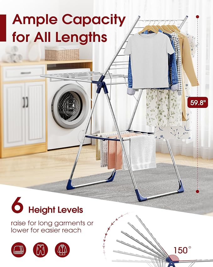 Sakugi Clothes Drying Rack, 55.5" Adjustable Wings, Foldable Design | Laundry - Image 2