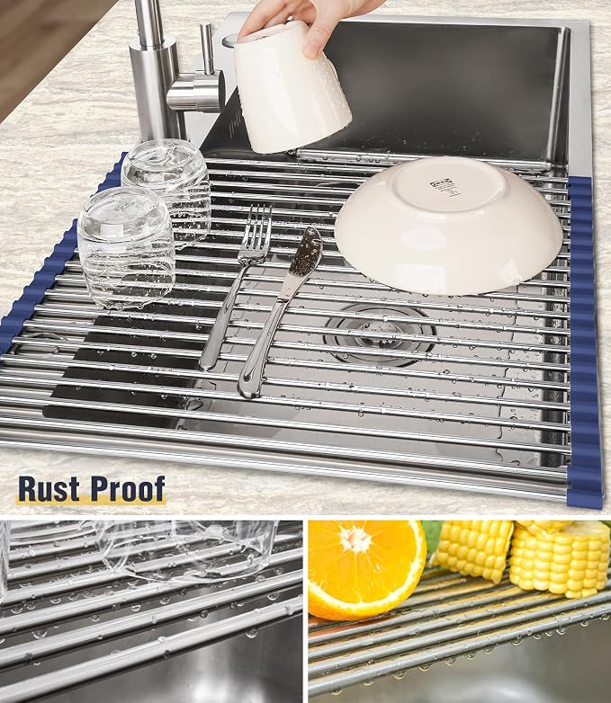 Tomorotec Roll Up Dish Drying Rack Over Sink, 304 Steel, Indigo | Anti-Slip - Image 2
