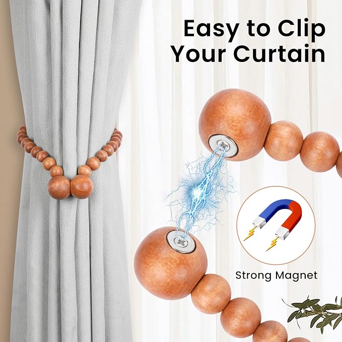 KLOGTSIND Magnetic Curtain Tiebacks, 6 Pack Wood Bead Curtain Holdbacks - Image 2