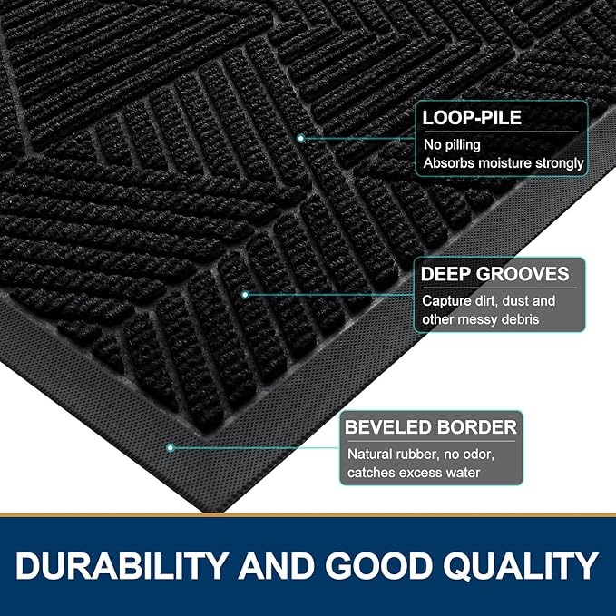Smiry Front Door Mat Outside Entrance, Heavy Duty Sturdy Natural Rubber Doormat, Trap Dirt and Moisture, Easy Clean Low Profile Mats for Indoor Outdoor Entry, Irregular Triangle (47x32, Black)