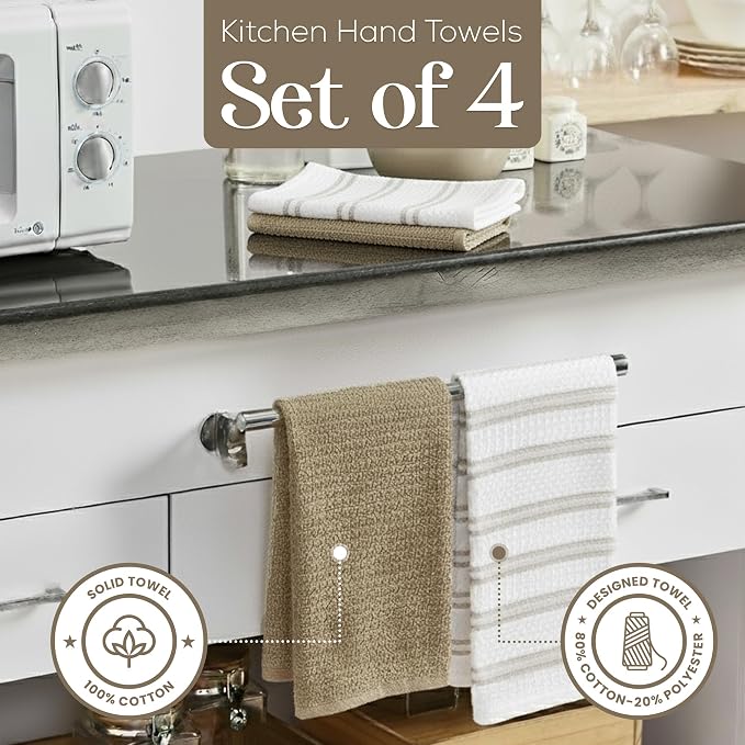 Kitchen Towels Set of 4, Cotton Waffle Weave Dish Towels, 2 Solid & 2 Striped - Image 3