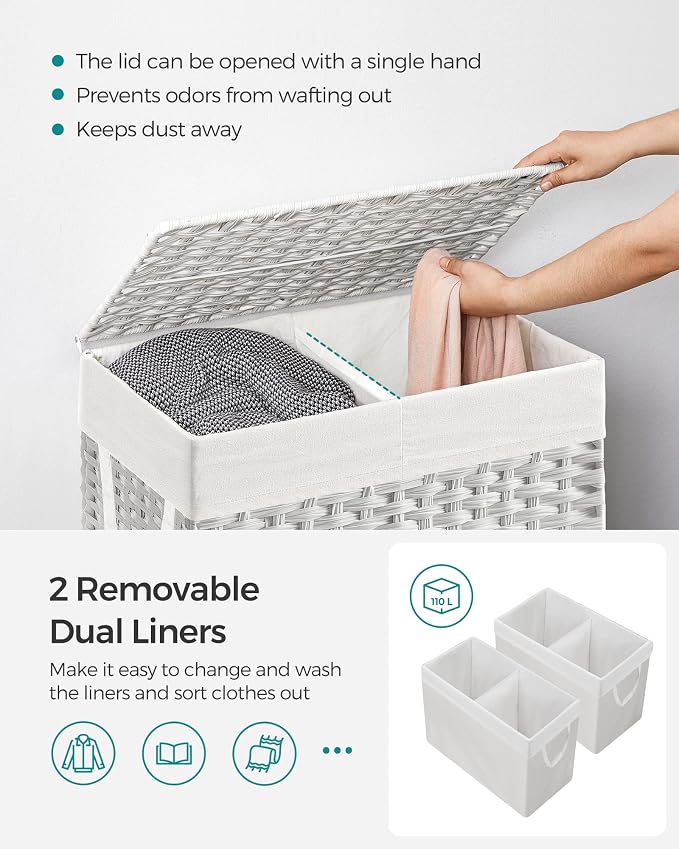 SONGMICS Laundry Hamper with Lid, 110L Double Wicker Basket, 6 Mesh Bags - Image 3
