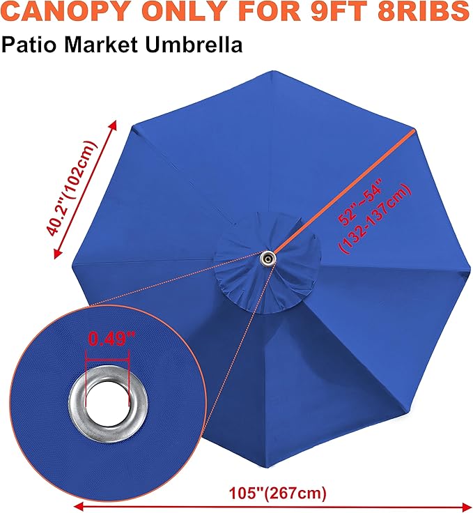 EliteShade USA 9FT Patio Umbrella Replacement Covers 8 Ribs Market Umbrella Canopy Cover (CANOPY ONLY) (Blue)