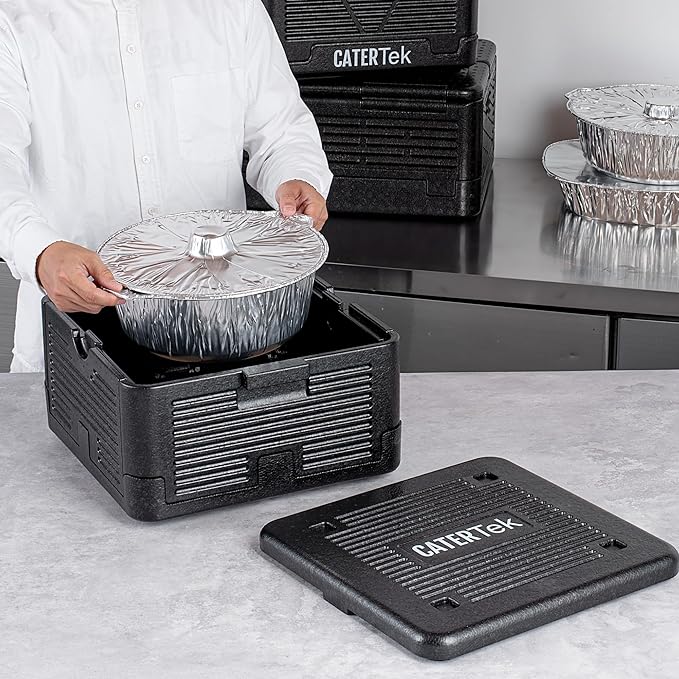 Restaurantware-Cater Tek 14 Quart Catering Hot Box, 1 Top Load Insulated Food Pan Carrier - Holds 1 Full Size 8” Deep Pan, Collapsible, Black EPP Plastic Food Box With Handles, Portable, For Buffet