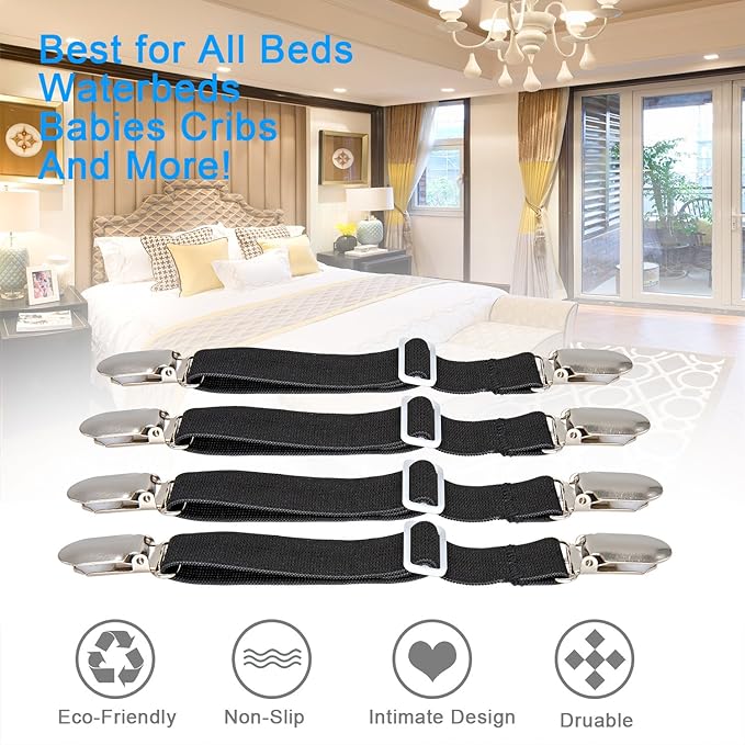 BetyBedy 4Pcs Adjustable Bed Sheet Fasteners Suspenders, Elastic Sheet Band - Image 5