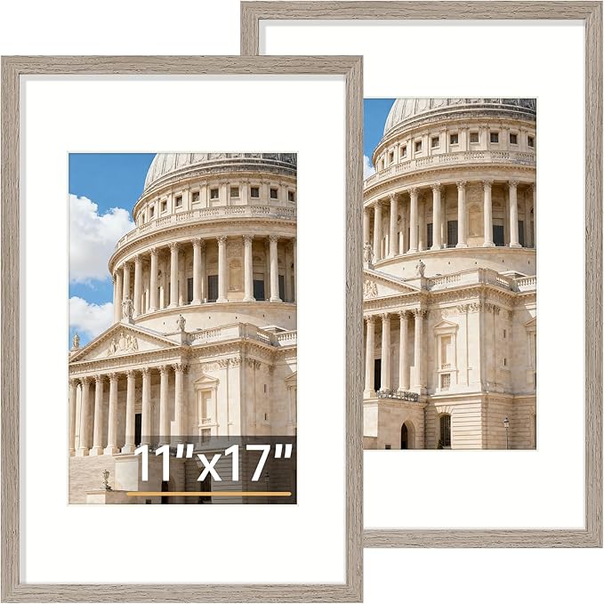 Vittanly 11x17 Picture Frame Set of 2, Solid Wood Frame for Wall Art Photo and Prints, Display Photo 8x12 with Mat or 11x17 without Mat, Light Brown