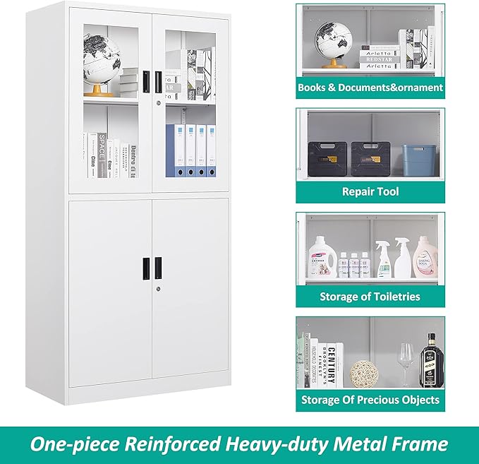 SISESOL Storage Cabinet with Glass Doors and Shelves, Freestanding Kitchen Pantry Cabinet for Home, Office, Bathroom