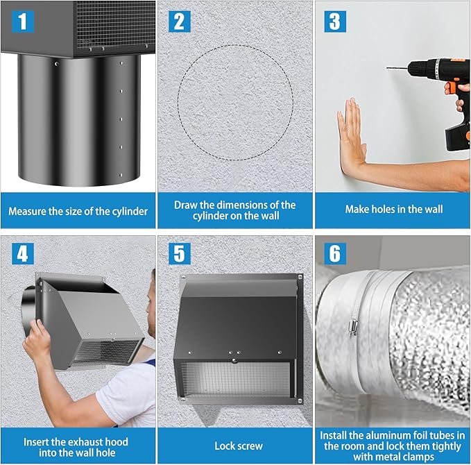 4 Inch Wall Vent Cover with Screen and Damper,Heavy Duty Stainless Steel Exhaust Vent Cover Cap,Dryer Vent Pipe is 8-1/4 inch and Long Enough for Wall Black