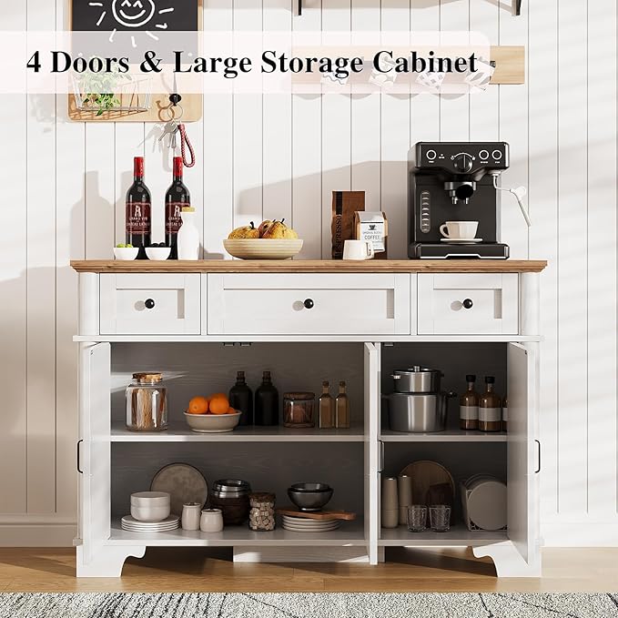 Farmhouse Buffet Cabinet with Storage, White Sideboard Buffet Cabinet with Adjustable Shelves & 3 Drawers, Buffet Table Coffee Bar Wine Bar Storage for Kitchen & Living Room, 47inch