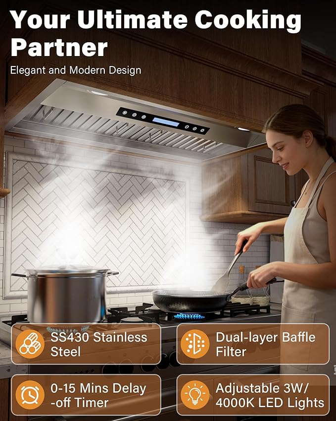 36 inch Stainless Steel Insert Range Hood - 900 CFM, Ultra-Quiet 4-Speed Vent, Touch/Remote Control, LED Lights, Ducted/Ductless Convertible