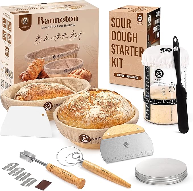 Sourdough Bread Baking Supplies and Starter Kit - Ultimate Bread Making and Sourdough Starter Kit with Proofing Baskets, 34oz Sourdough Jar, Bread Lame, Scrapers & Danish Whisk