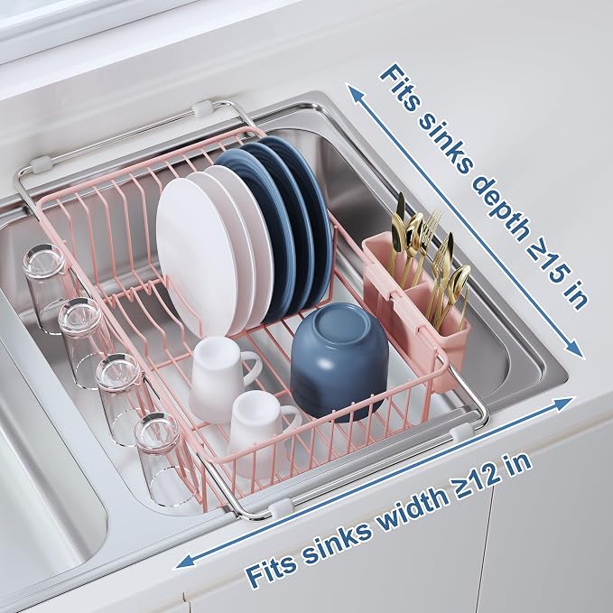JASIWAY Pink Dish Drying Rack in Sink, Dish Drainer - Image 5