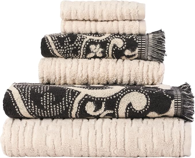 SKL Home CloudSoft/Amherst Medallion Bath Towel Set-6pc, Oatmeal/Black | 2 Bath by SKLHomebySaturdayKnightLtd