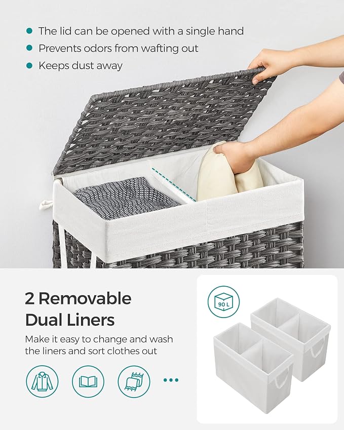 SONGMICS Laundry Hamper with Lid, 90L Double Wicker Basket, 6 Mesh Bags - Image 3