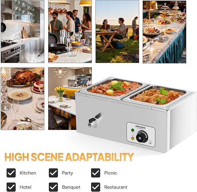ROVSUN 21QT Electric Commercial Food Warmer, 2-Pan Steam Table 10.6 QT/Pan Stainless Steel Bain Marie Buffet Countertop with Temperature Control & Lid for Parties, Catering, Restaurants 110V