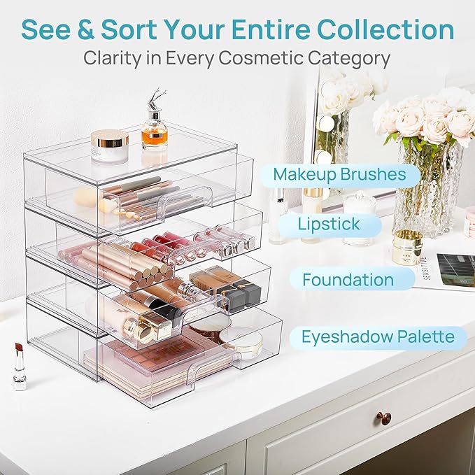 Vtopmart Clear Stackable Storage Drawers, 4 Pack Wide Plastic Organizers | - Image 5