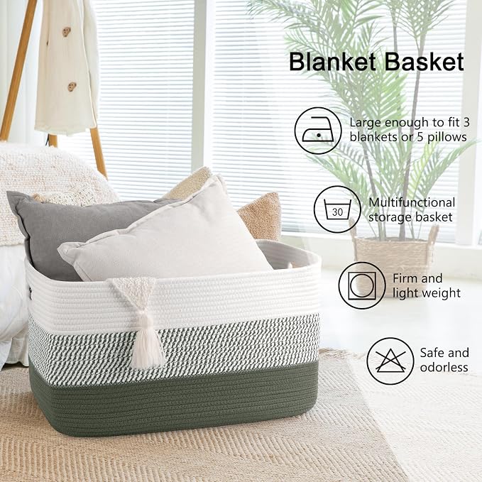 OIAHOMY Blanket Basket Laundry Basket Dog Toy Basket 75L Green/White - Image 6