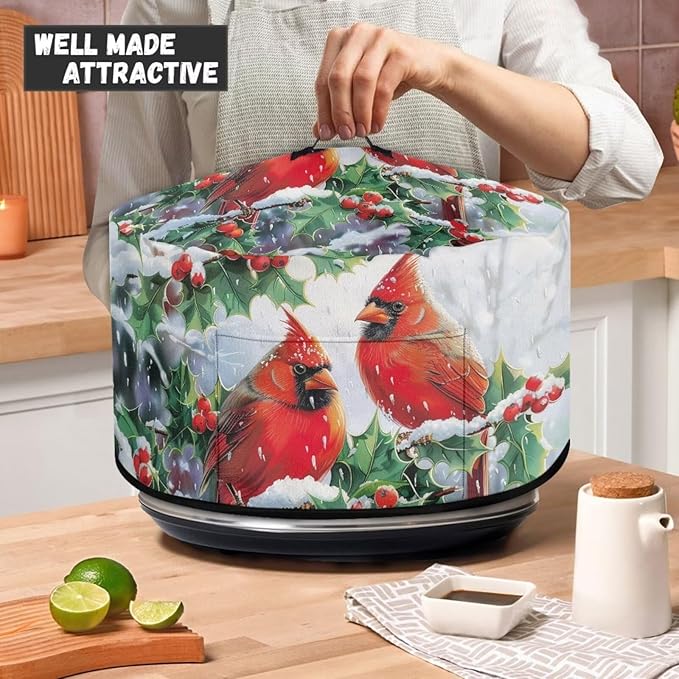 Cardinal Holly Snow Print Slow Cooker Cover with Storage Pocket Stain Resistant Winter Slow Cooker Cover for Kitchen Extra Accessories Fit 6/7/8 Quart Electric Oval Crock Pot Christmas Decor