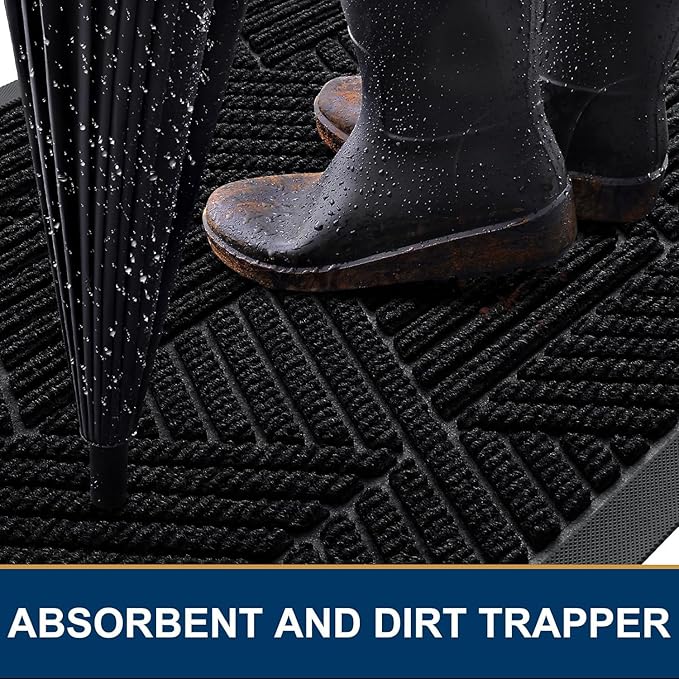 Smiry Front Door Mat Outside Entrance, Heavy Duty Sturdy Natural Rubber Doormat, Trap Dirt and Moisture, Easy Clean Low Profile Mats for Indoor Outdoor Entry, Irregular Triangle (33x21, Black)