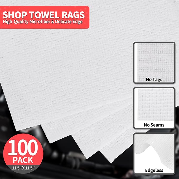 White Microfiber Cleaning Cloths, 100 Pack Shop Towels Rags, Bulk Absorbent - Image 2