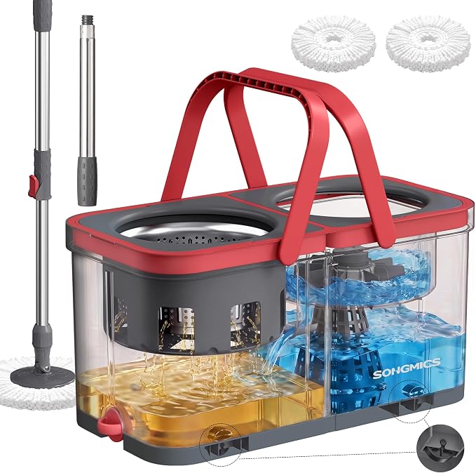SONGMICS Spin Mop and Bucket Set, 2 Washable Microfiber Mop Heads by SONGMICS