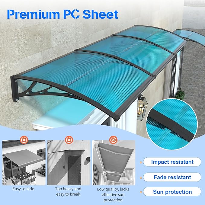 Awning for Door Entrance with Drainage Sink,32x80 Inch Awnings for Doors,Window Canopy Exterior with Plastic Steel Bracket,Polycarbonate Cover,UV,Rain,Snow Protection for House,Porch,Patio,Deck
