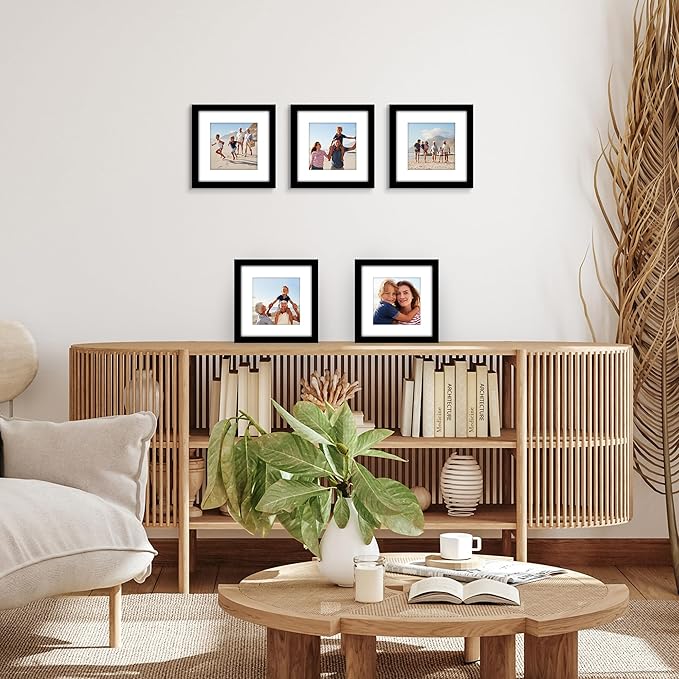 Americanflat 9x9 Picture Frame with Polished Plexiglass - Set of 5 - Use as 6x6 Frame with Mat or Display 9x9 Photo Without Mat - Galleria Collection - Square Frames for Tabletop and Wall - Black