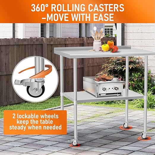 Stainless Steel Prep Table 30" X 36" with Adjustable Undershelf, Backsplash and Wheels, Commercial Metal Workstations for Kitchen, Garage, Outdoor BBQ