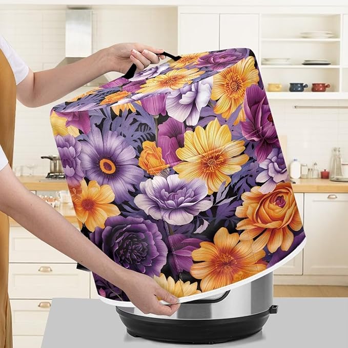 Flashideas Purple Flower Pressure Cooker Cover for Women Dust-proof Cover for Rice Cooker Air Fryer Kitchen Appliance Covers with Top Handle and Pocket Home Kitchen Decor Gifts for Friends