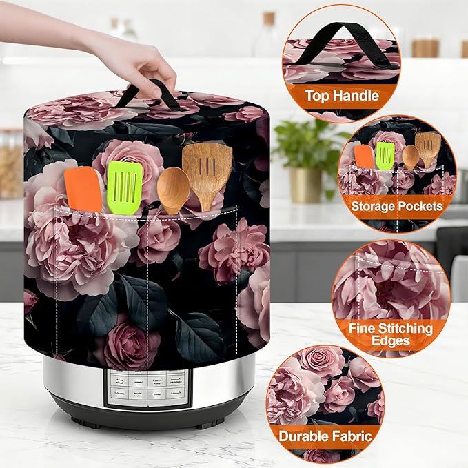 Kitchen Appliance Accessories Dust Cover for 3-6-8 Quart Instant Pot, Pressure Cooker, Air Fryer & Crock Pot,Decorative Appliance Cloth Cover with Top Handle & Storage Pockets (Pink, 3 Quart)