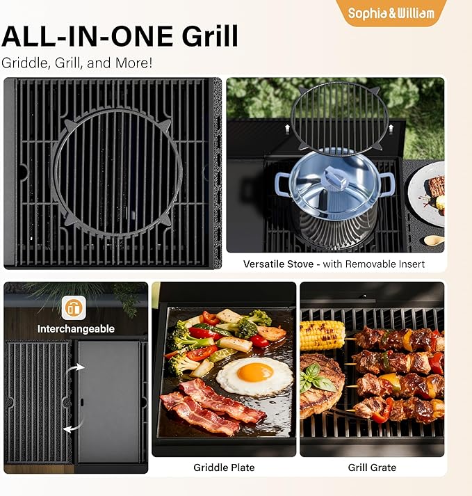 Sophia & William 4-Burner BBQ Propane Gas Grill Griddle & Stove Combo, 482 SQ.IN.Cooking Area, 52,000 BTU Gas Barbeque Grills Outdoor Cooking with Two Shelves for Outside Patio Barbecue, Black