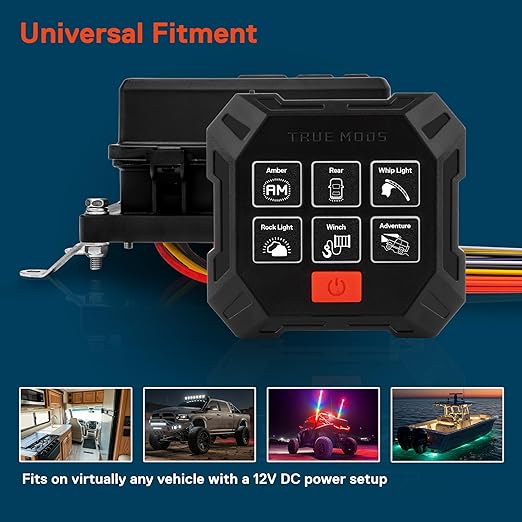 True MODS 12V DC Wireless 6 Gang Switch Panel Controller Kit [USB-C Rechargeable] Universal Pre-Wired Waterproof Fuse Relay Switch Box Aux Control for Automotive Vehicle Car Marine Boat Jeep UTV RV