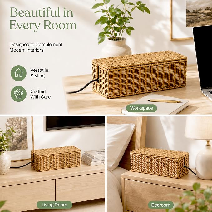 2PCS Cable Management Box Set, Handmade Rattan Cord Organizer | Large & - Image 5