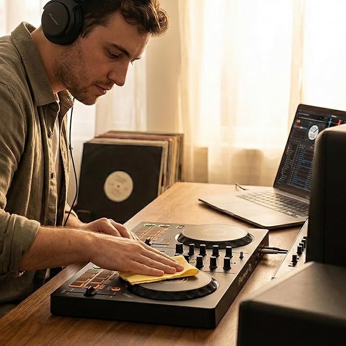 Pioneer DJ AlphaTheta DDJ-FLX2 Compact 2-Channel DJ Controller Bundle with Laptop Stand, Headphones, and Austin Bazaar Polishing Cloth