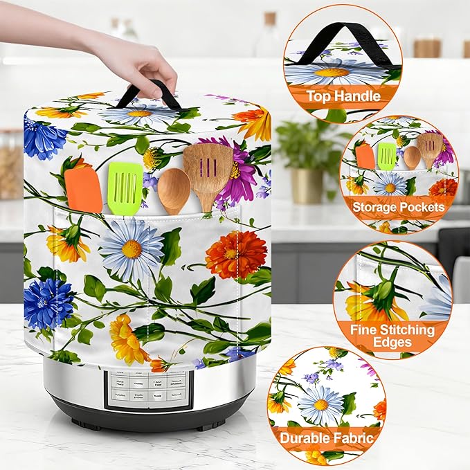 Kitchen Appliance Accessories Dust Cover for 3-6-8 Quart Instant Pot, Pressure Cooker, Air Fryer & Crock Pot,Decorative Appliance Cloth Cover with Top Handle & Storage Pockets (Green, 3 Quart)