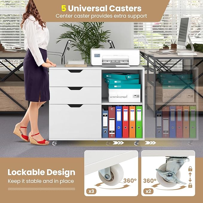 File Cabinet, Mobile Filing Cabinet w/Universal Wheels & 3 Drawers, Wood Printer Stand with Storage, Rolling File Cabinets for Home Office, Living Room, Bedroom (White, 3 Drawers)