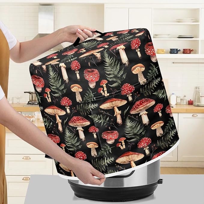 Mushroom Green Leaves Pressure Cooker Cover Dust-Proof Kitchen Appliance Cover Air Fryer Cover for 6 Quart Instant Pot, with Handle and Pockets Keep Kitchen Appliance Clean Home Décor