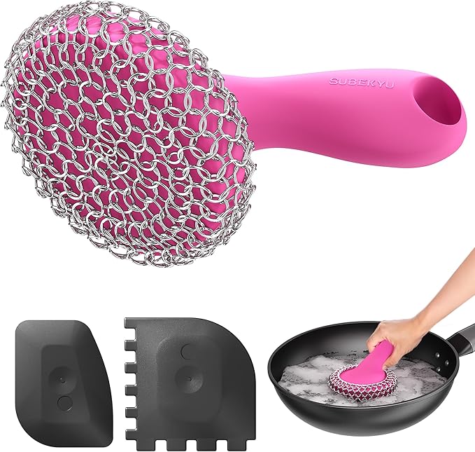 SUBEKYU Cast Iron Scrubber with Silicone Handle, Stainless Steel Skillet Cleaner for Cast Iron Pans (Pink Scrubber + Scraper)