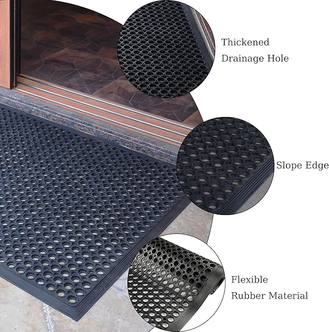 OrangeStar Anti-Fatigue 4-Pack Rubber Floor Mat, 24”x36” Restaurant Kitchen Commercial Drainage Mats, Non-Slip Door Mat w/Holes for Indoor Outdoor Bar Pool, Black