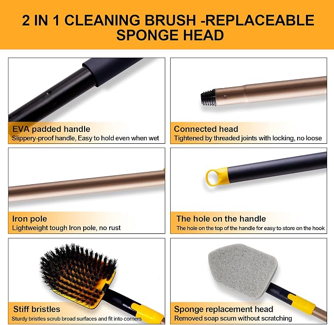 Yocada Tub Tile Scrubber Brush 2 in 1 Cleaning Brush 4*Scouring Pads 58.2" - Image 5