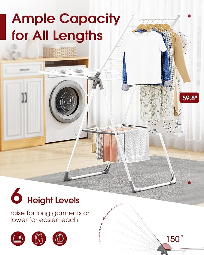 Sakugi Clothes Drying Rack, 55.5" Adjustable Wings, Foldable Design | Laundry - Image 2